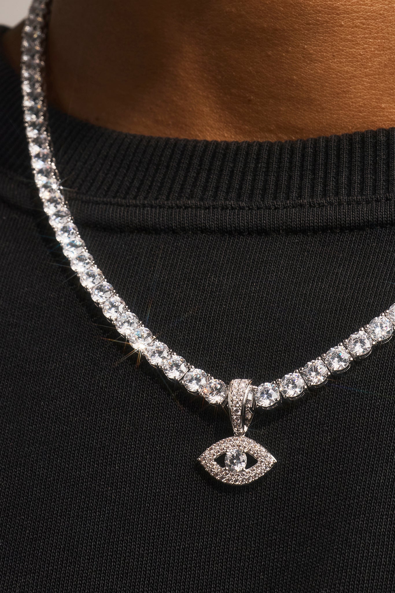 Iced Eye Pendant Tennis Necklace - 10mm - White