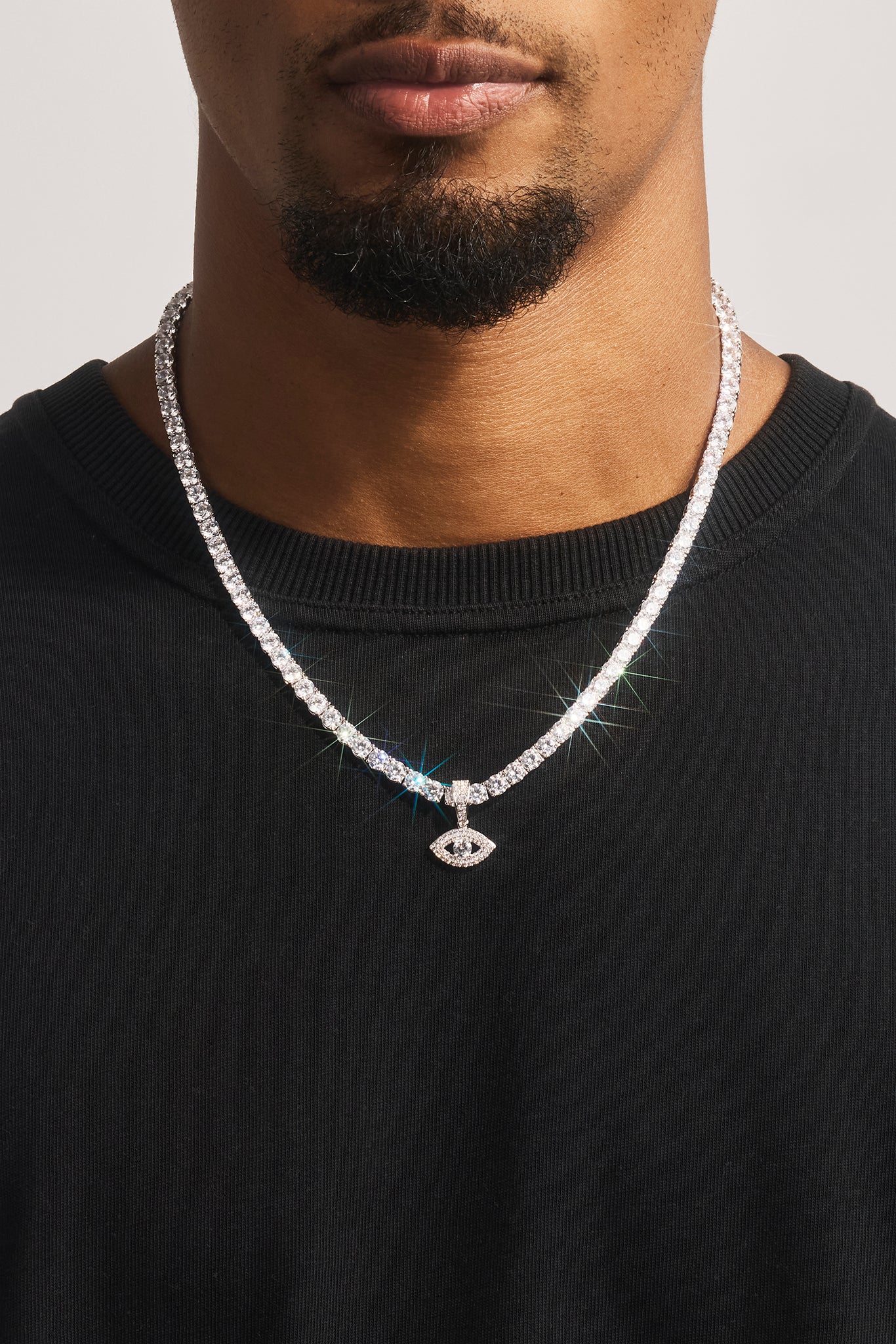 Iced Eye Pendant Tennis Necklace - 10mm - White