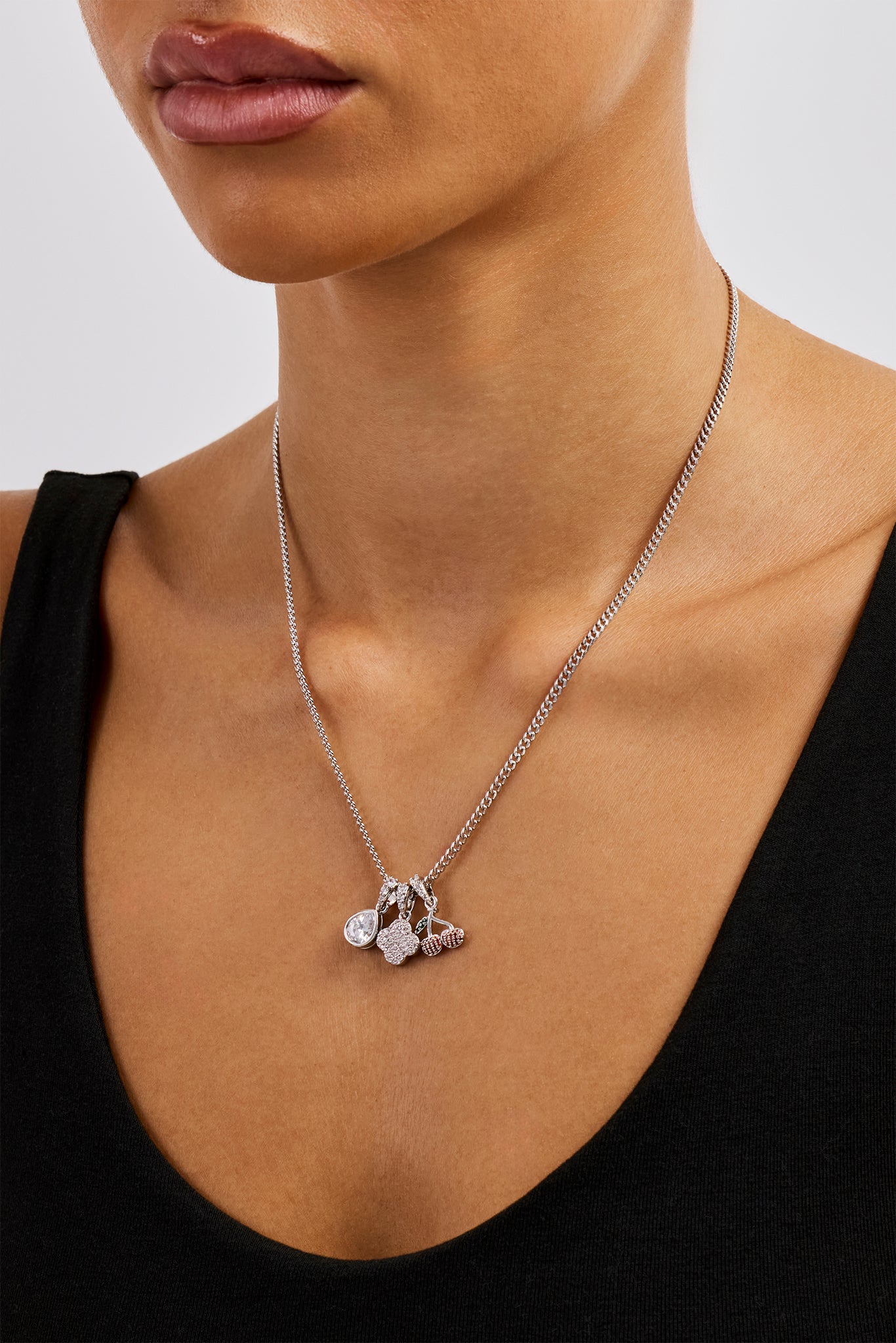 Triple Motif & Cherry Pendant Necklace - 10mm - White