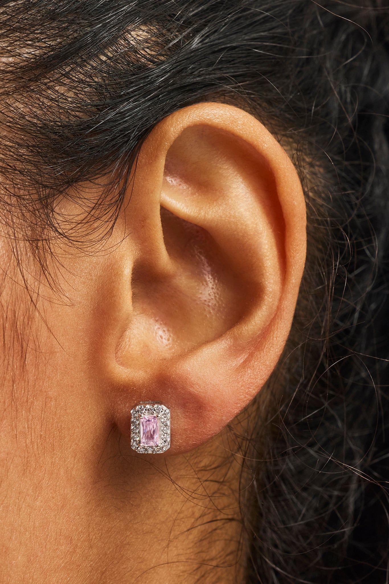 Iced Pink Baguette Stud Earrings - 8mm - White