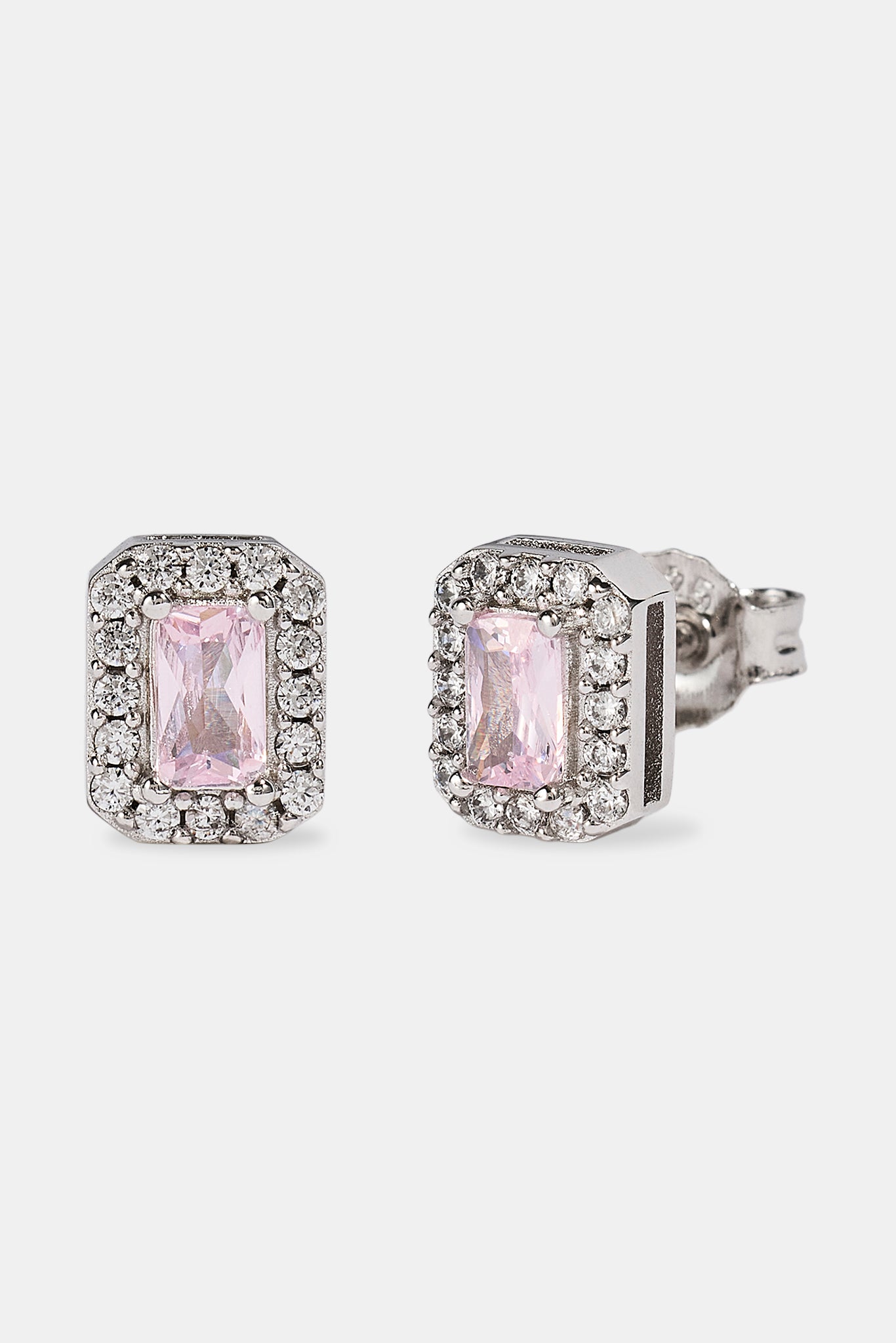 Iced Pink Baguette Stud Earrings - 8mm - White
