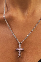 Pink Iced Cross Necklace - 20mm - White
