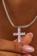 Pink Iced Cross Necklace - 20mm - White