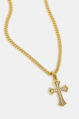 Polished Edge Iced Cross Cuban Necklace - 25mm - Gold