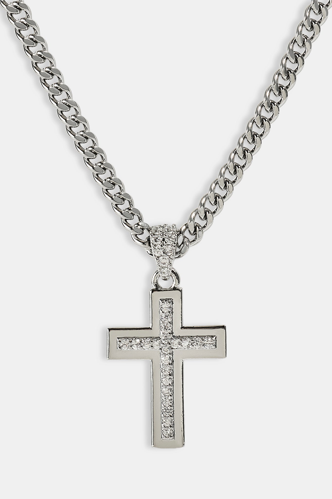 Stacked Polished & Iced Cross Necklace - 20mm - White