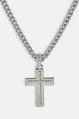 Stacked Polished & Iced Cross Necklace - 20mm - White