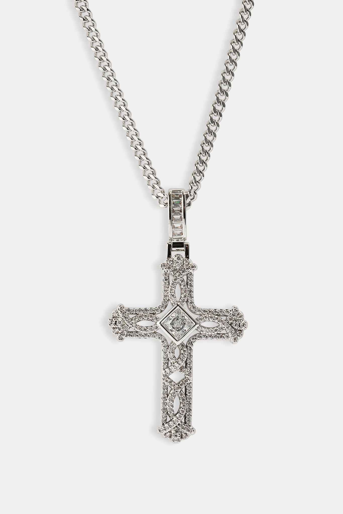 Centre Stone Cross Pendant Necklace - 25mm - White