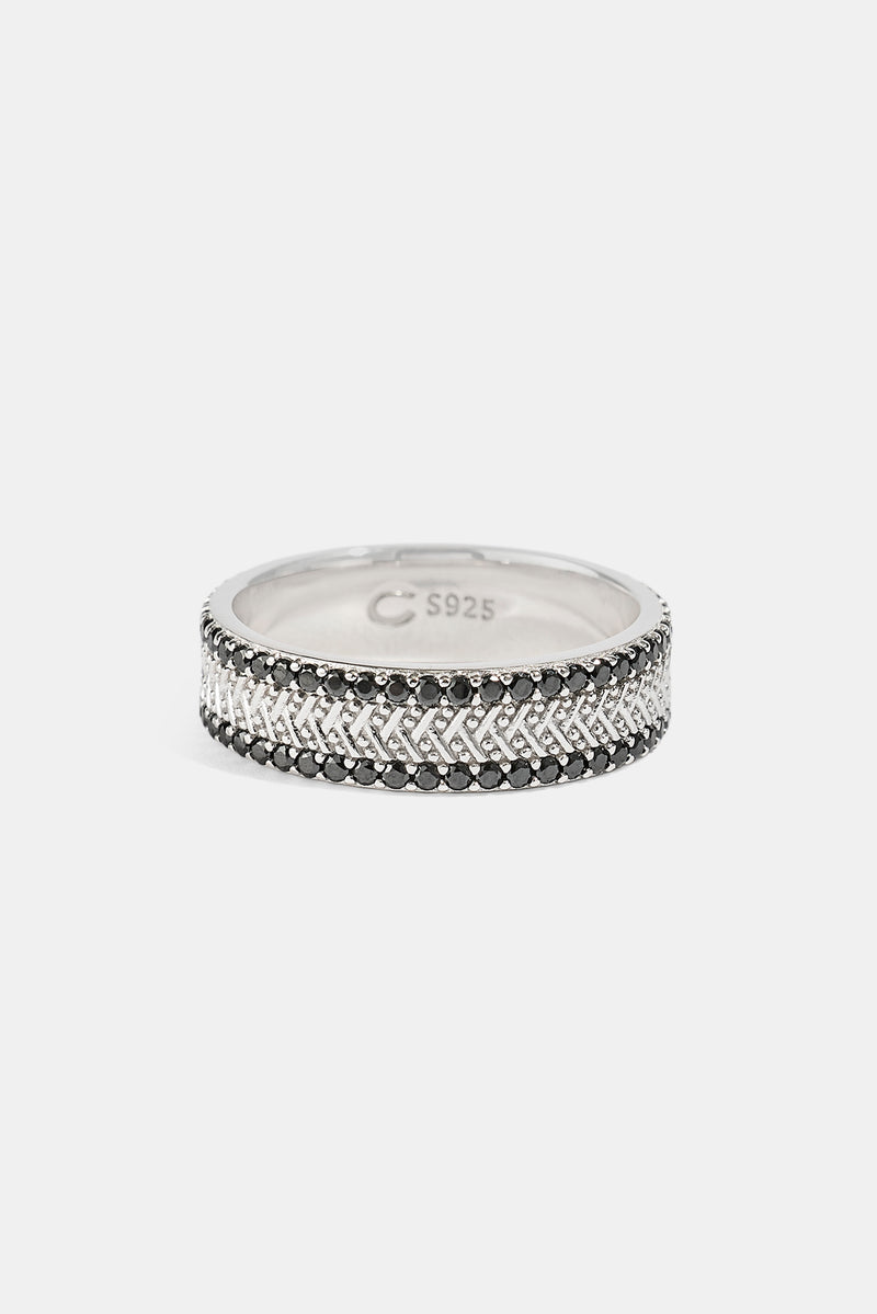 Textured & Black Iced Band Ring - 6mm - White Gold