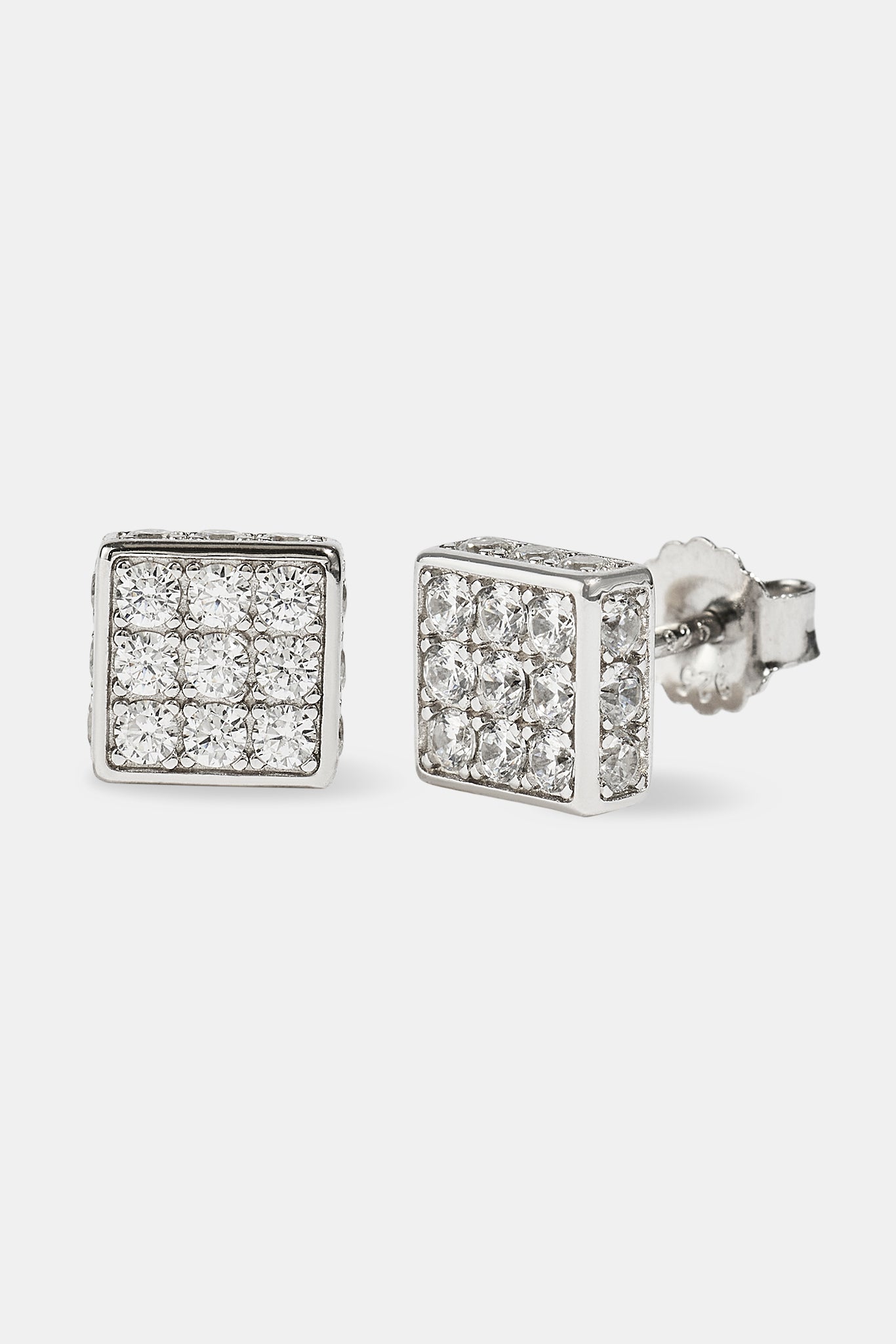 Square Box Iced Stud Earrings - 8mm - White