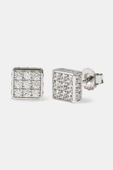 Square Box Iced Stud Earrings - 8mm - White