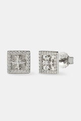 Iced Square Cross Stud Earrings - 8mm - White