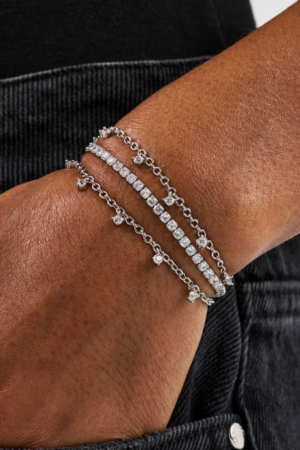 Triple Layer Iced Stone Bracelet & Chain - 5mm - White