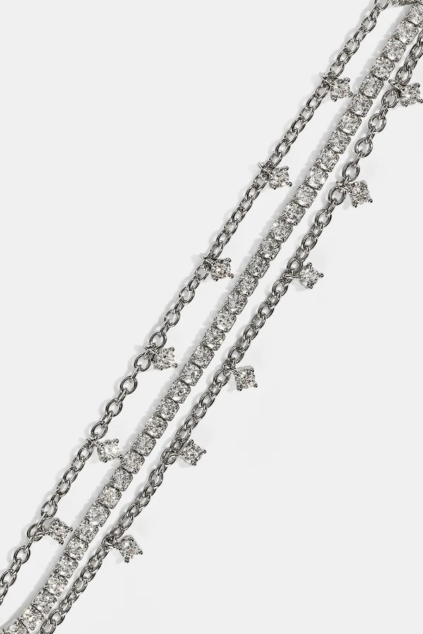 Triple Layer Iced Stone Bracelet & Chain - 5mm - White