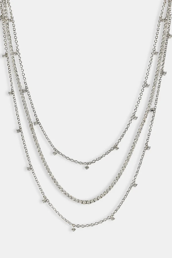 Triple Layer Iced Stone Bracelet & Chain - 5mm - White