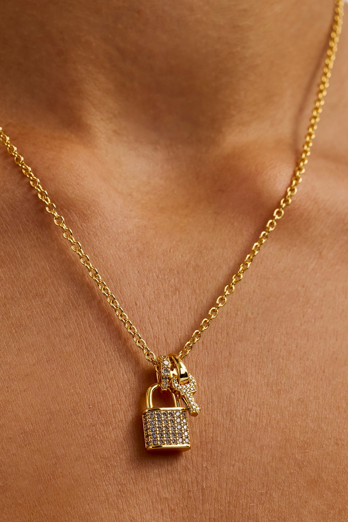 Iced Padlock & Key Necklace - 10mm - Gold | Womens Necklaces