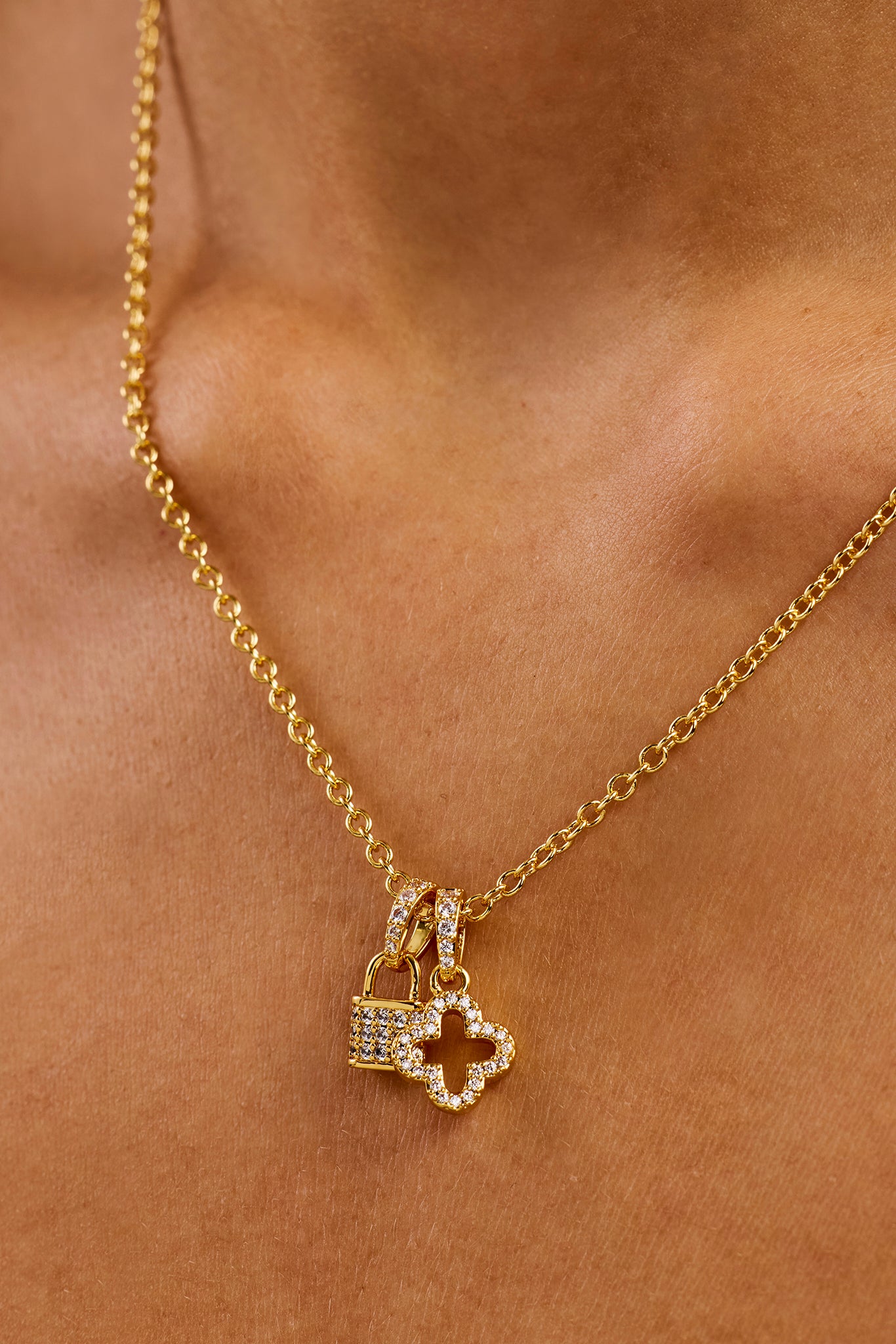 Iced Padlock & Motif Necklace - 10mm - Gold
