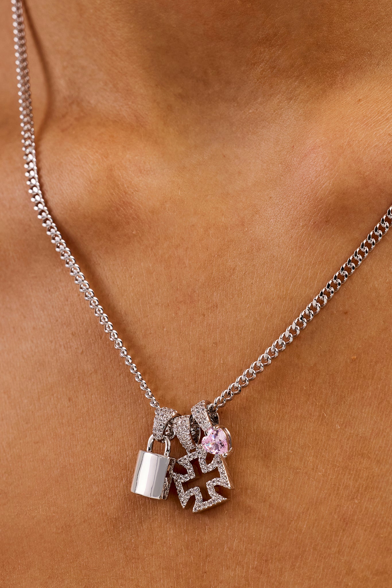 Triple Heart & Lock Pendant Necklace - 10mm - White | Womens