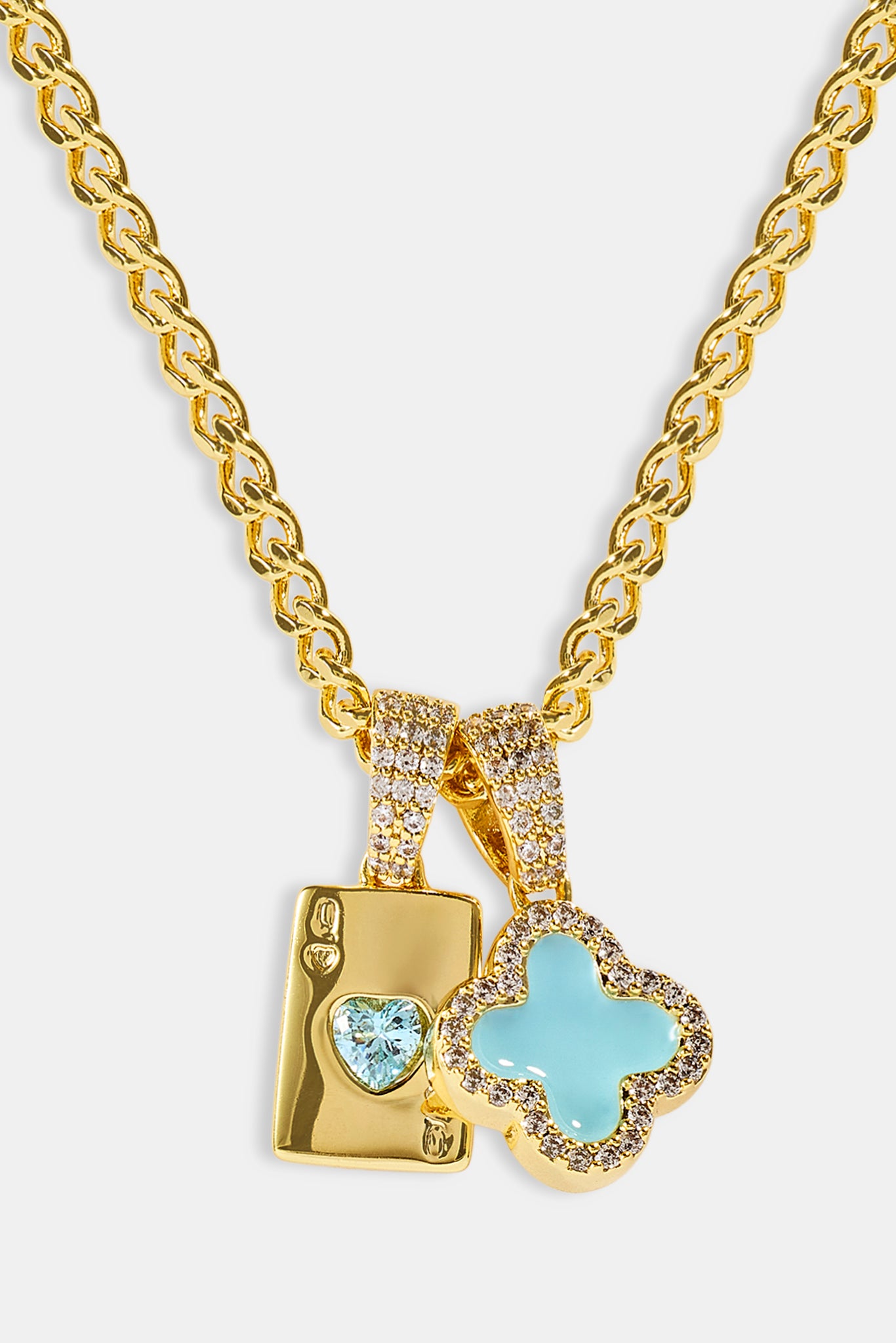 Baby Blue Motif & Gem Card Necklace - 10mm - Gold