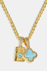 Baby Blue Motif & Gem Card Necklace - 10mm - Gold
