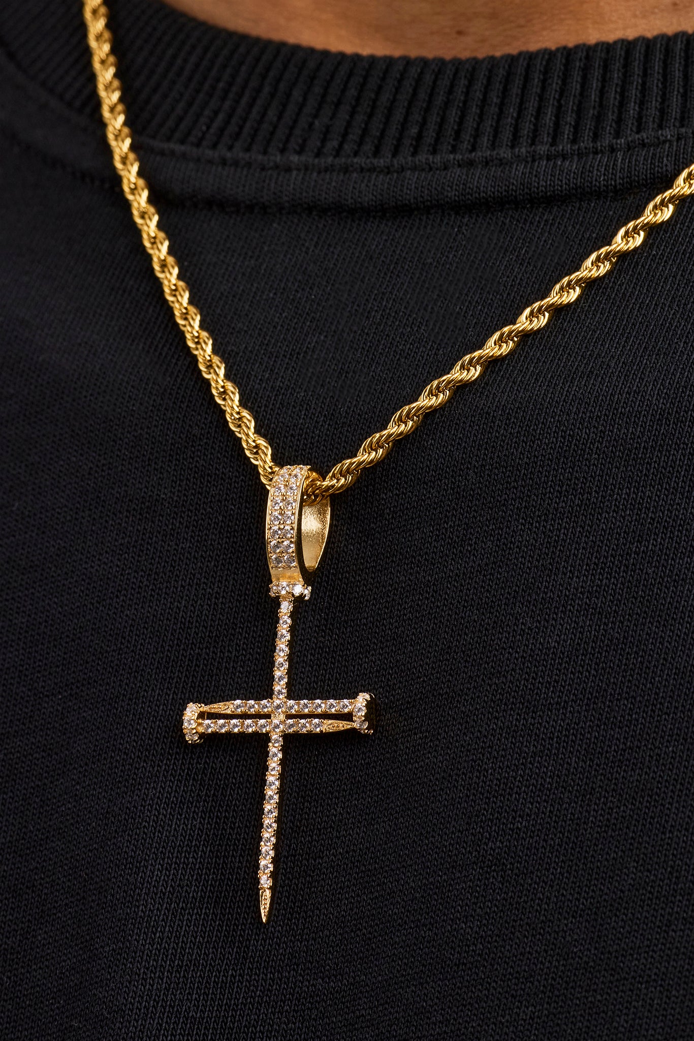 Iced Nail Cross Pendant Rope Necklace - 20mm - Gold