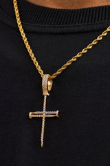 Iced Nail Cross Pendant Rope Necklace - 20mm - Gold