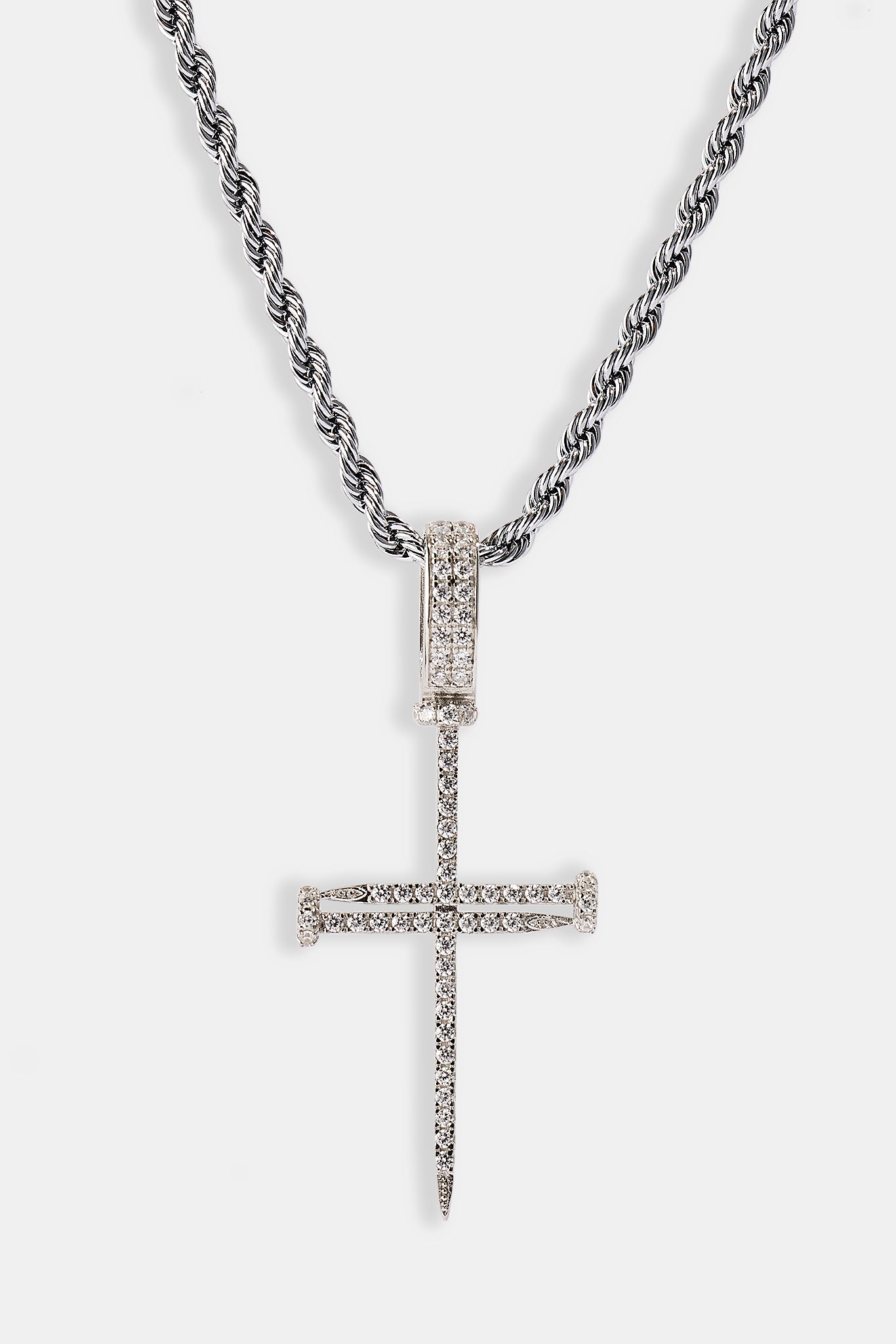 Iced Nail Cross Pendant Rope Necklace - 20mm - White