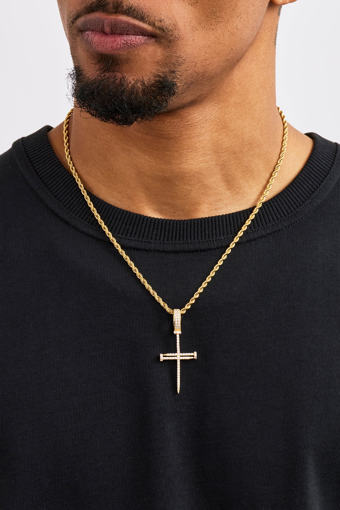 Iced Nail Cross Pendant Rope Necklace - 20mm - Gold