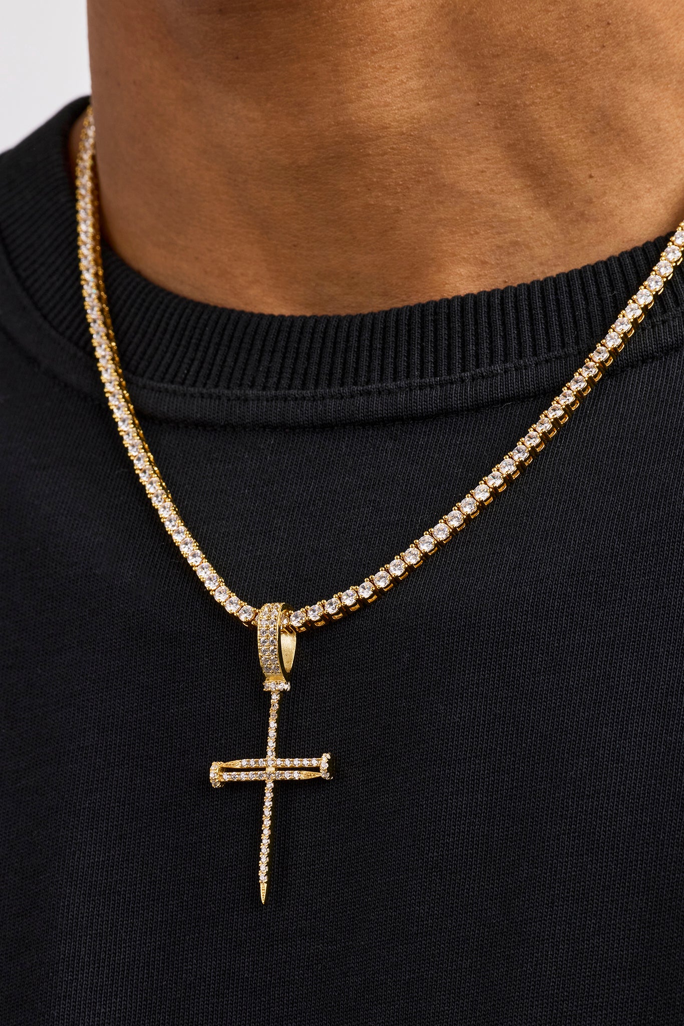 Iced Nail Cross Pendant Tennis Necklace - 20mm - Gold