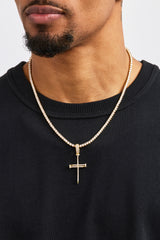 Iced Nail Cross Pendant Tennis Necklace - 20mm - Gold