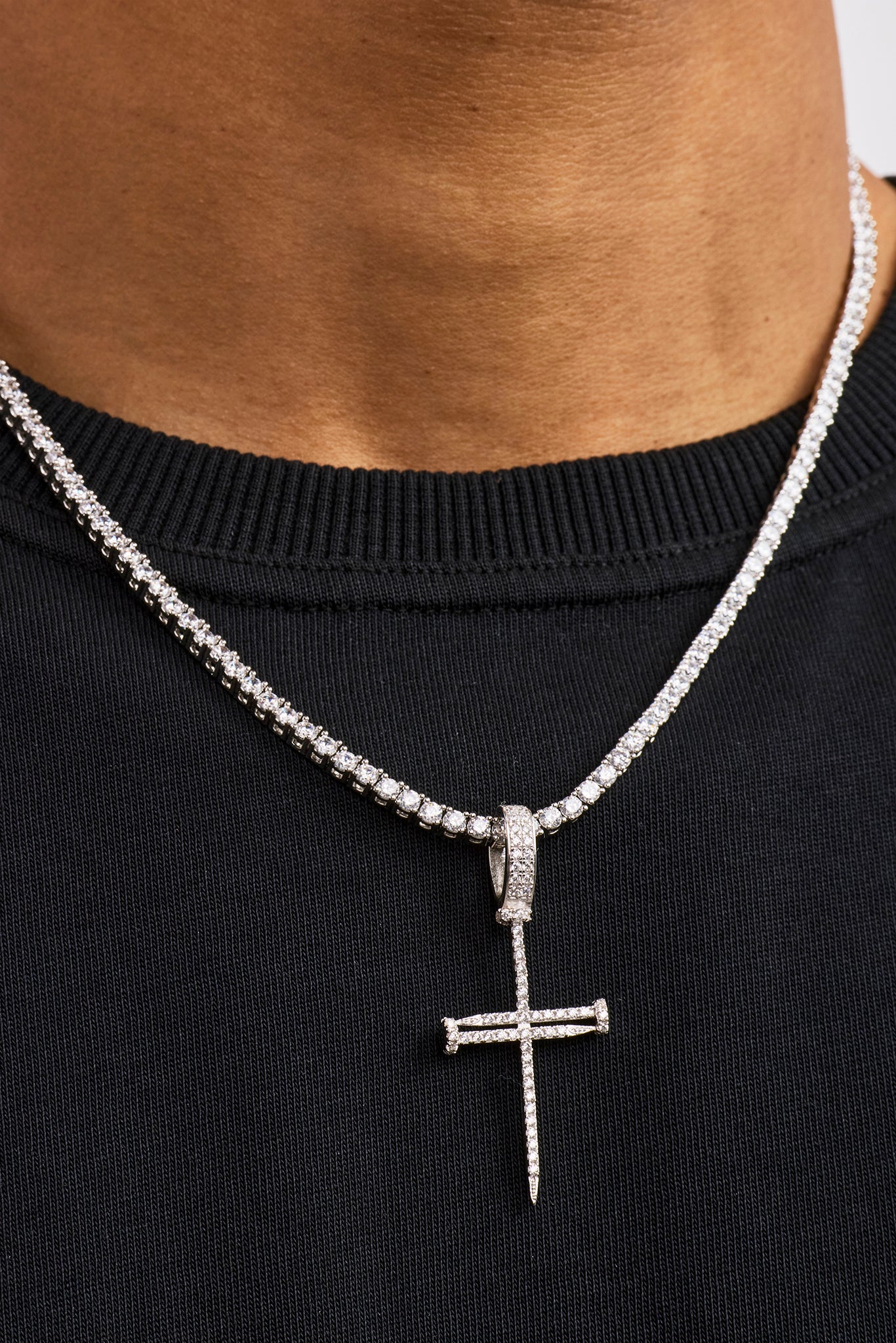 Iced Nail Cross Pendant Tennis Necklace - 20mm - White