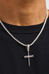 Iced Nail Cross Pendant Tennis Necklace - 20mm - White