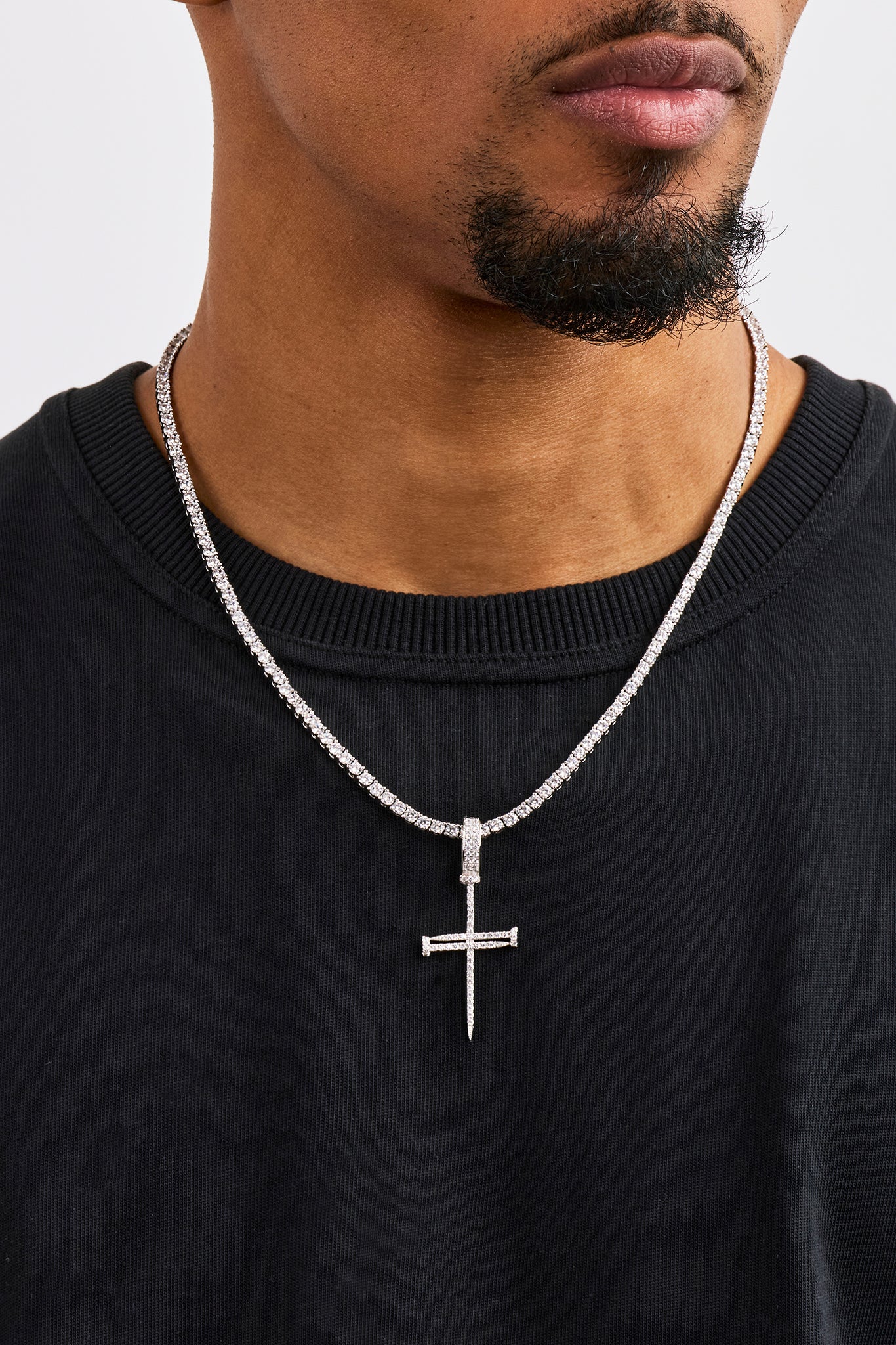 Iced Nail Cross Pendant Tennis Necklace - 20mm - White