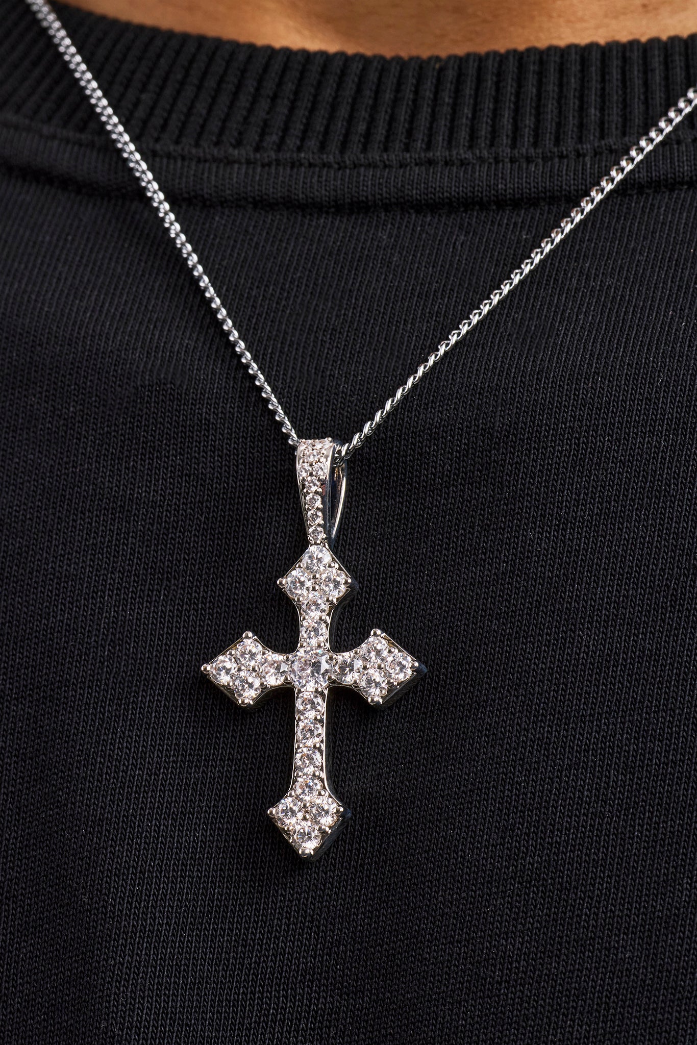 Iced Celtic Cross Pendant Curb Necklace - 35mm - White