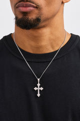 Iced Celtic Cross Pendant Curb Necklace - 35mm - White