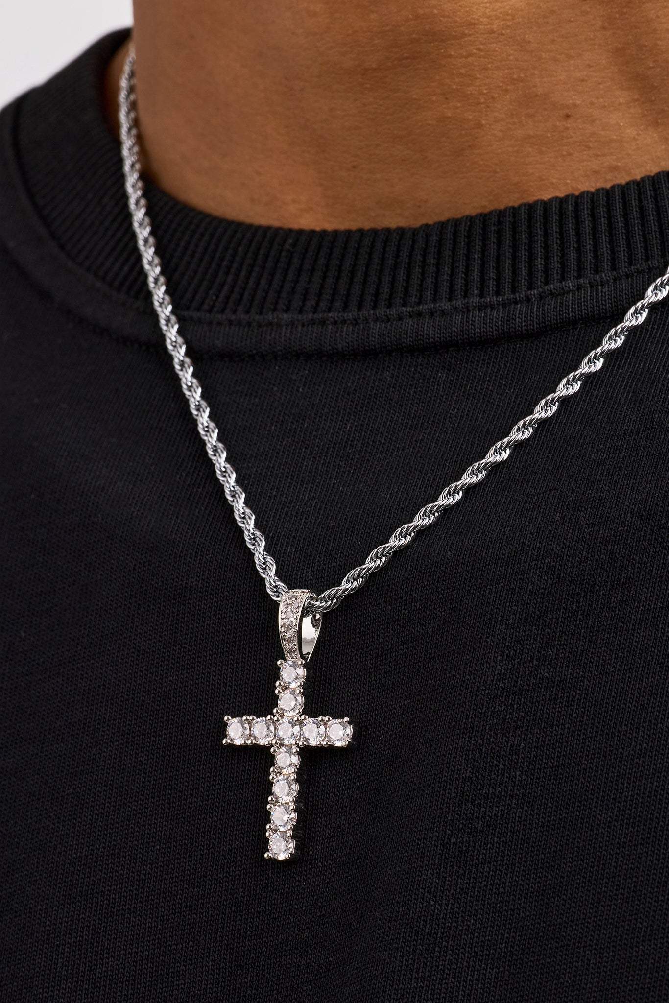 Iced Cross Pendant Rope Necklace - 30mm - White