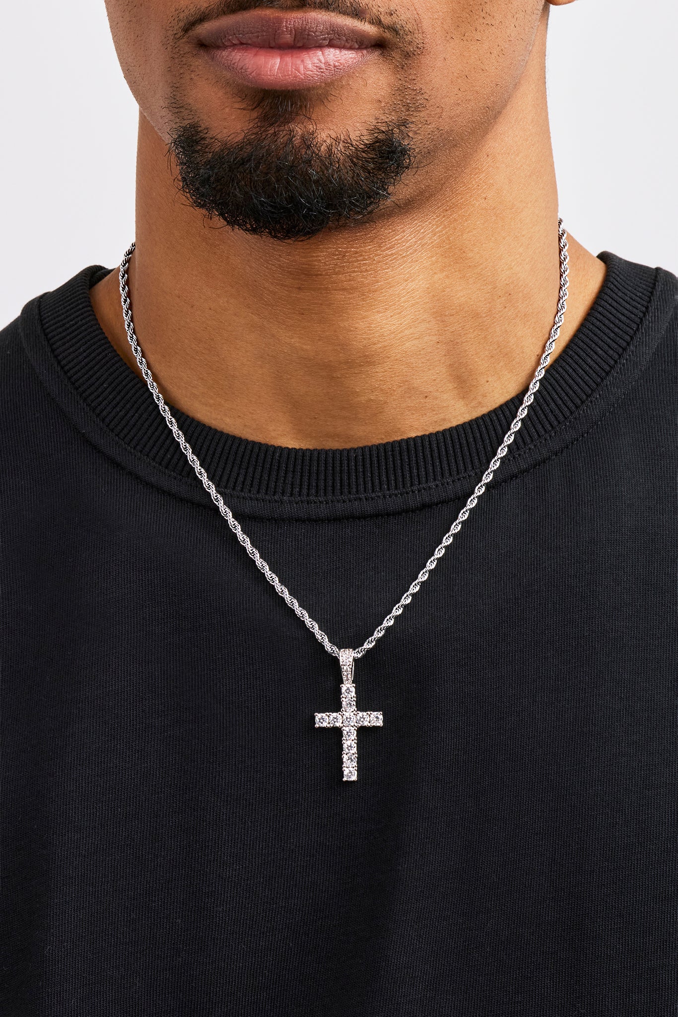 Iced Cross Pendant Rope Necklace - 30mm - White