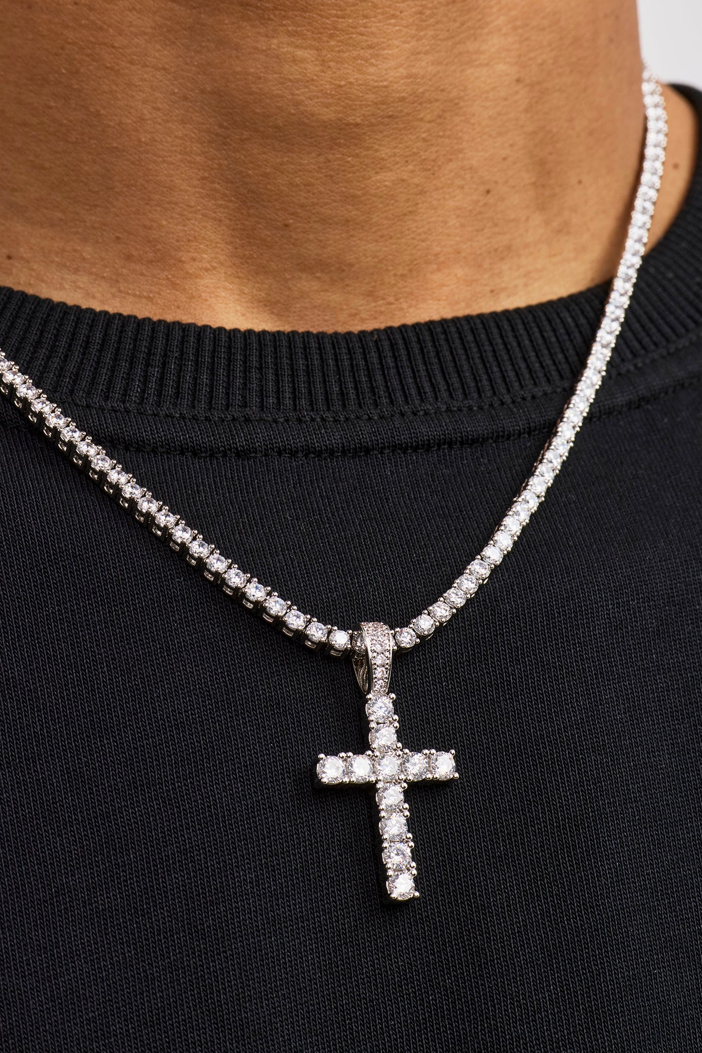Iced Cross Pendant Tennis Necklace - 30mm - White