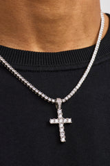 Iced Cross Pendant Tennis Necklace - 30mm - White