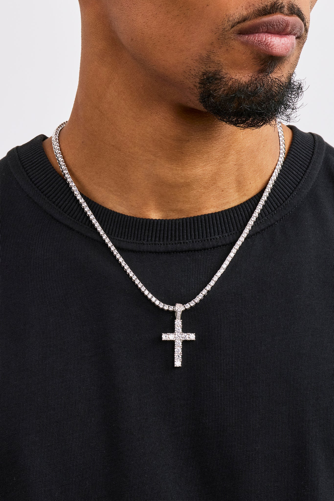 Iced Cross Pendant Tennis Necklace - 30mm - White