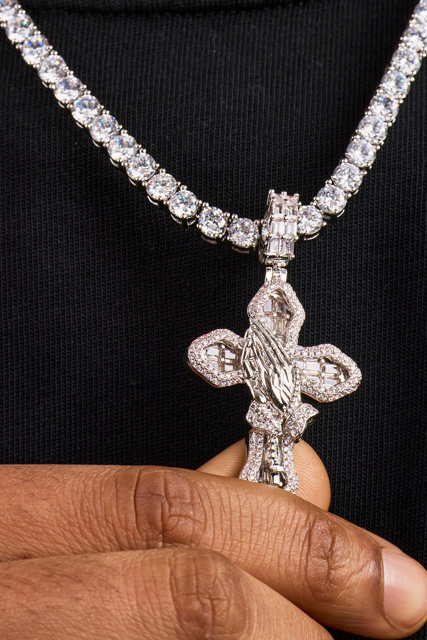 Iced Prayer Hand Cross Pendant Tennis Necklace - 40mm - White