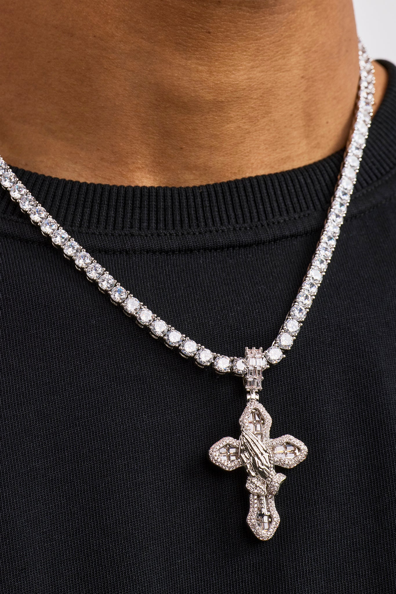 Iced Prayer Hand Cross Pendant Tennis Necklace - 40mm - White