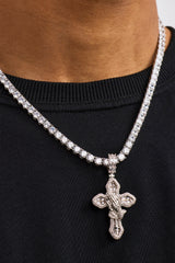 Iced Prayer Hand Cross Pendant Tennis Necklace - 40mm - White