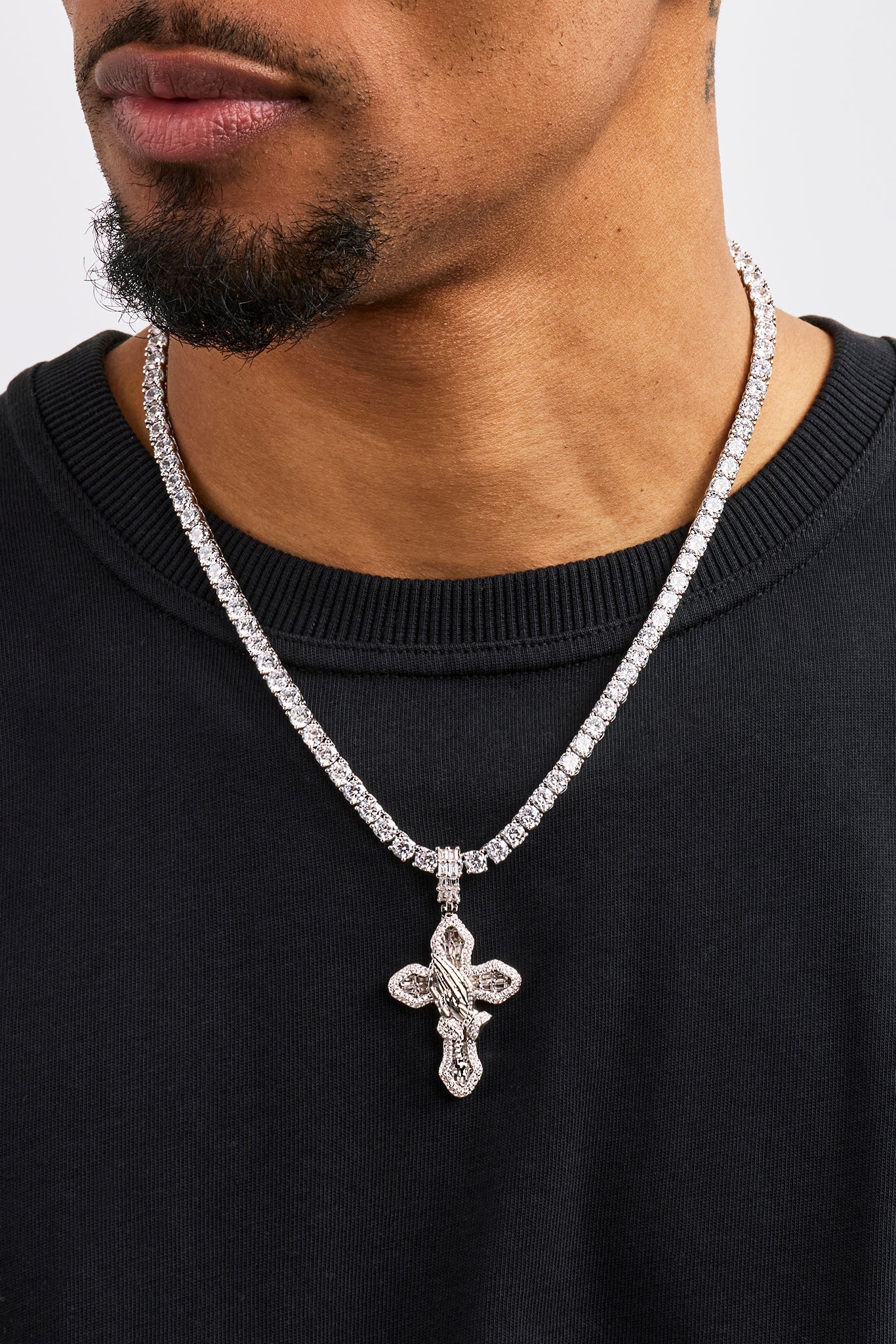 Iced Prayer Hand Cross Pendant Tennis Necklace - 40mm - White