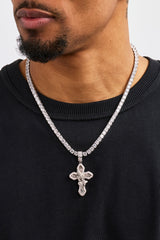 Iced Prayer Hand Cross Pendant Tennis Necklace - 40mm - White