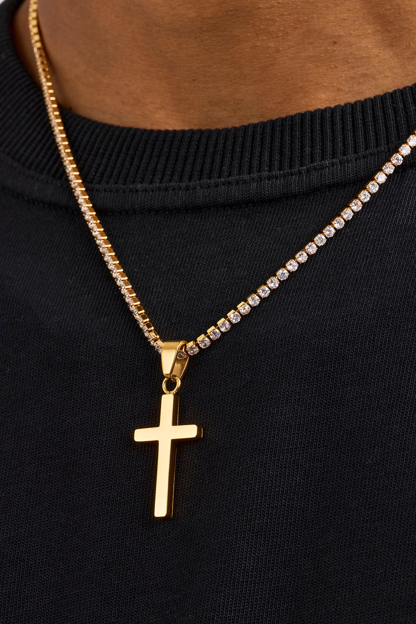 Plain Cross Pendant Tennis Necklace - 12mm - Gold