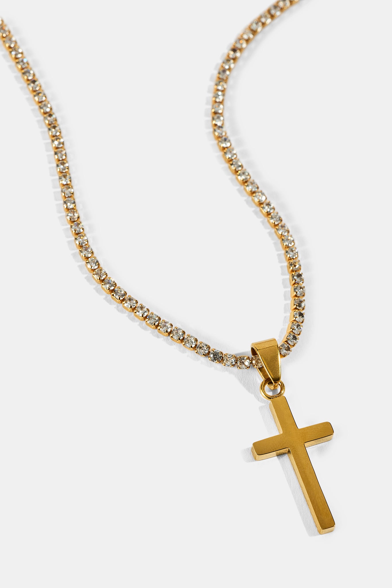 Plain Cross Pendant Tennis Necklace - 12mm - Gold