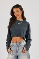 Cropped Washed Long Sleeve T-Shirt - Charcoal