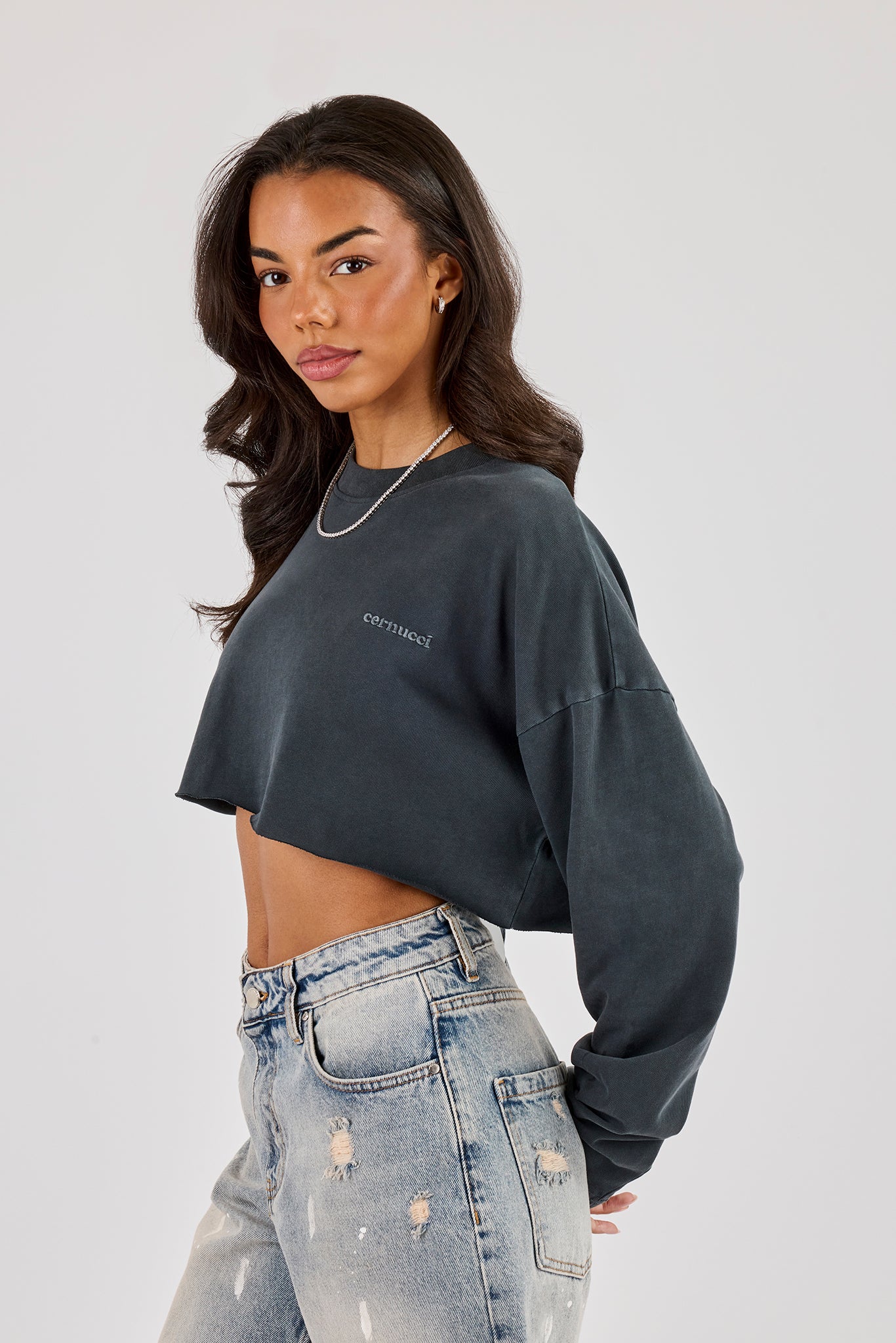 Cropped Washed Long Sleeve T-Shirt - Charcoal