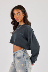 Cropped Washed Long Sleeve T-Shirt - Charcoal