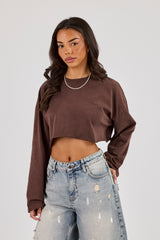 Cropped Washed Long Sleeve T-Shirt - Brown